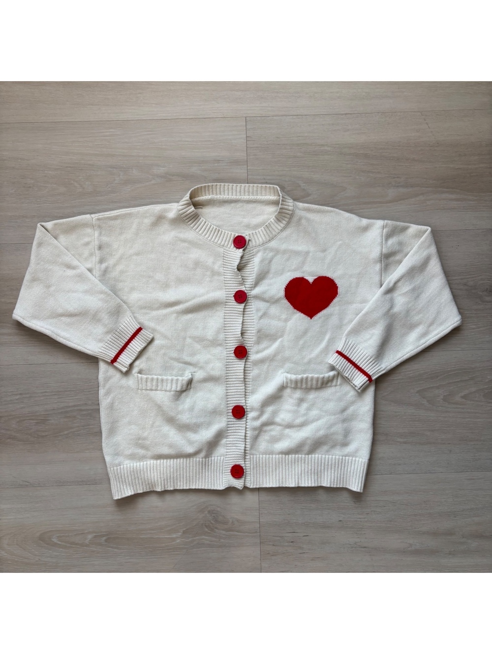 Womens Cream Red Heart Cardigan Knit Sweater Button Up Coquette Preppy Oversized